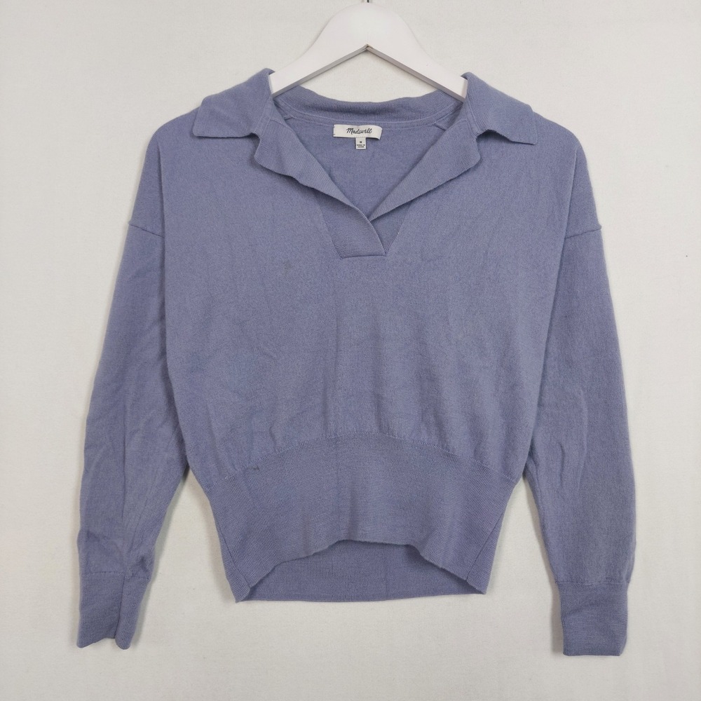 Madewell 100% Merino Wool Polo Sweater Lavender Purple V-Neck Ribbed Hem M